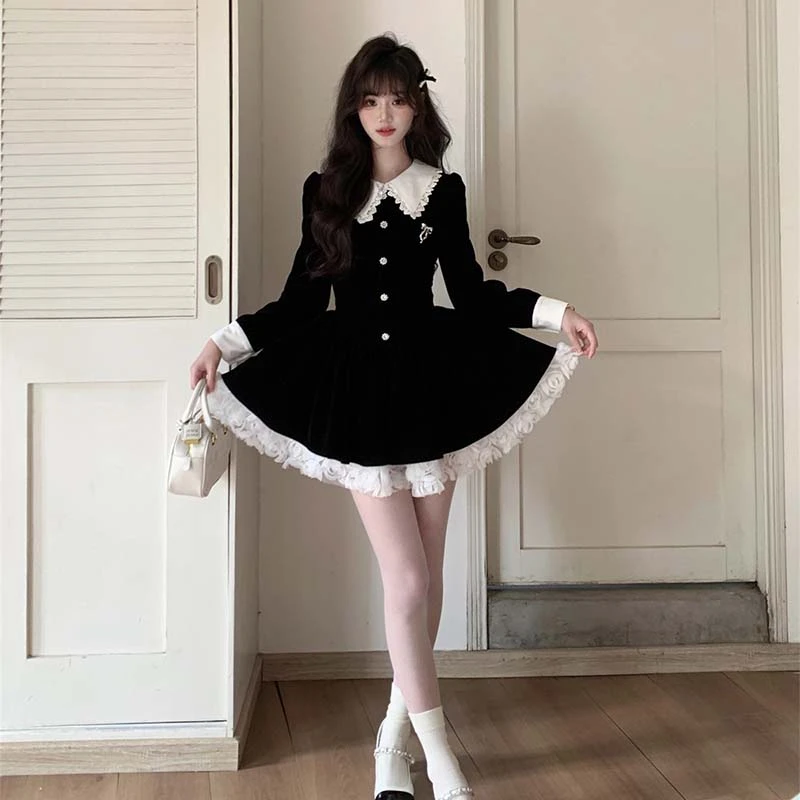 【V】【有里布】法式黑色丝绒连衣裙女富家千金蕾丝拼接小黑裙TX0194