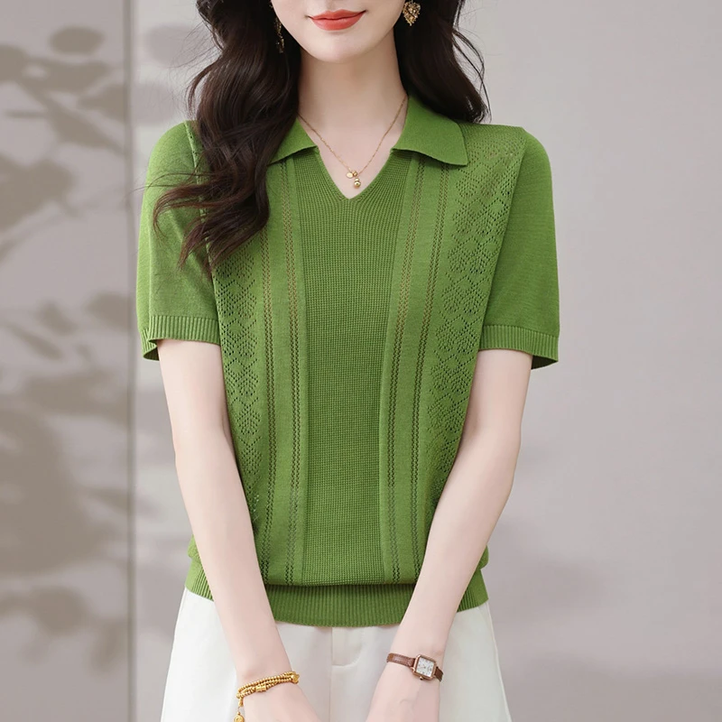 天丝针织衫女品牌莱赛尔polo领短袖t恤2025新款妈妈夏装气质上衣