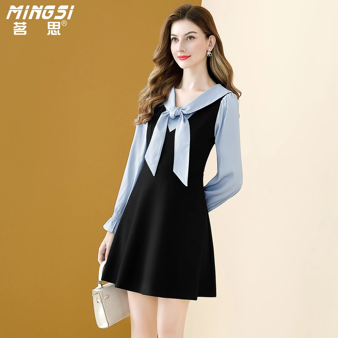 茗思法式气质通勤连衣裙女2025秋装新款小个子撞色飘带领显瘦裙子