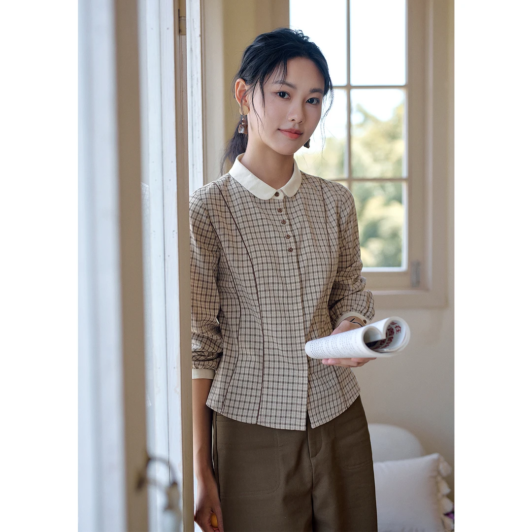红念文艺格子棉麻衬衣女长袖设计感2025秋季新款女装气质衬衫上衣