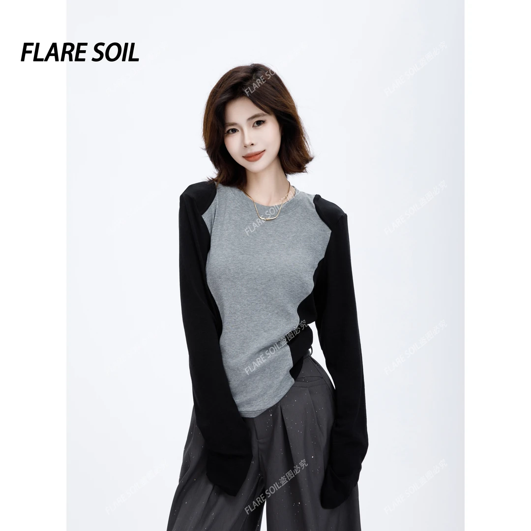 【FLARE SOIL】（现货）圆领拼接T恤修身显瘦长袖休闲极简上衣 T4643A