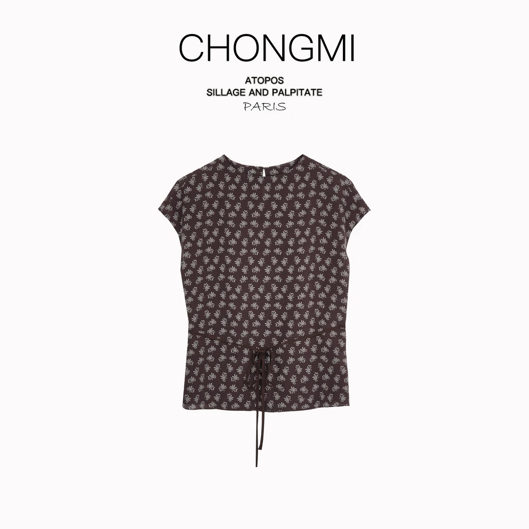 咖色圆领小碎花系带双绉桑蚕丝衬衫女2025夏季时尚百搭上衣