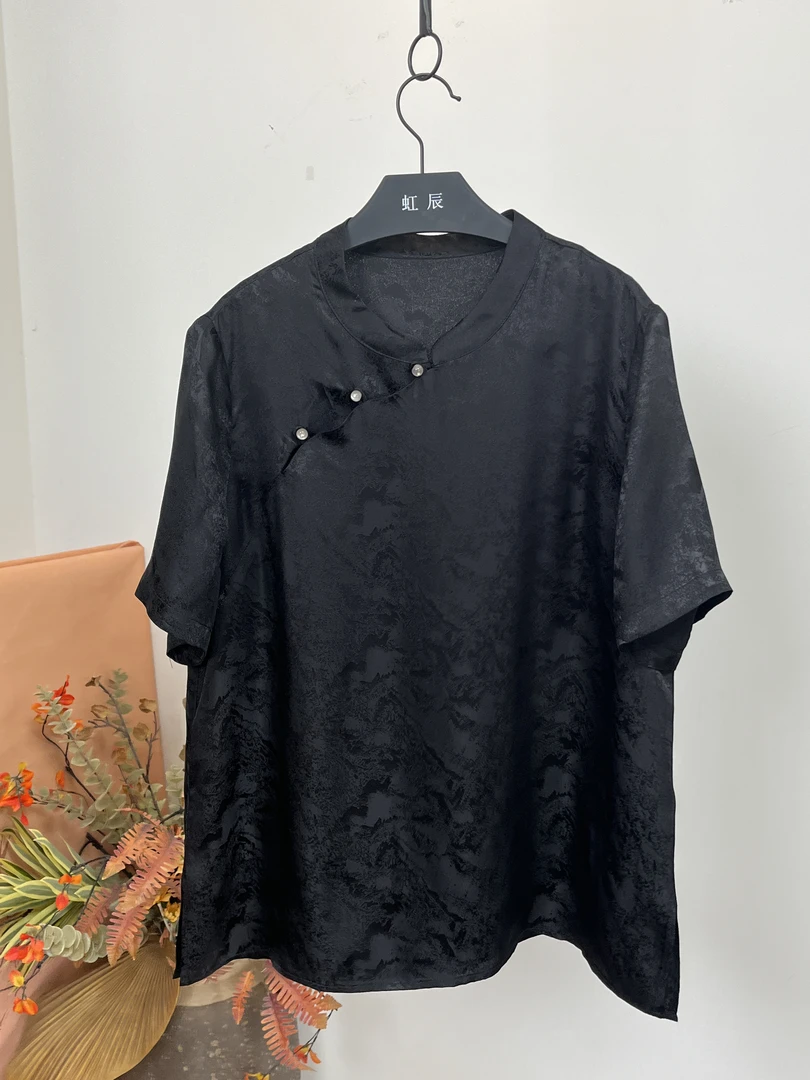 100桑蚕丝桑波缎大码立领中式上衣「暗纹山水」
