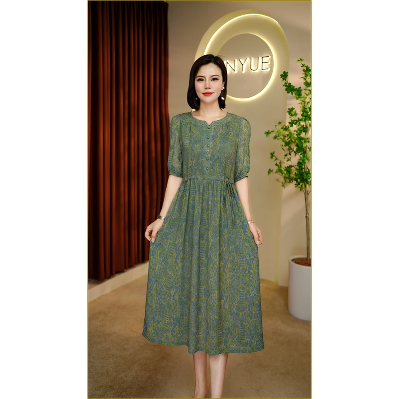 【遇见妳】6087新款夏季艾绿悠韵裙时尚优雅收腰休闲气质连衣裙