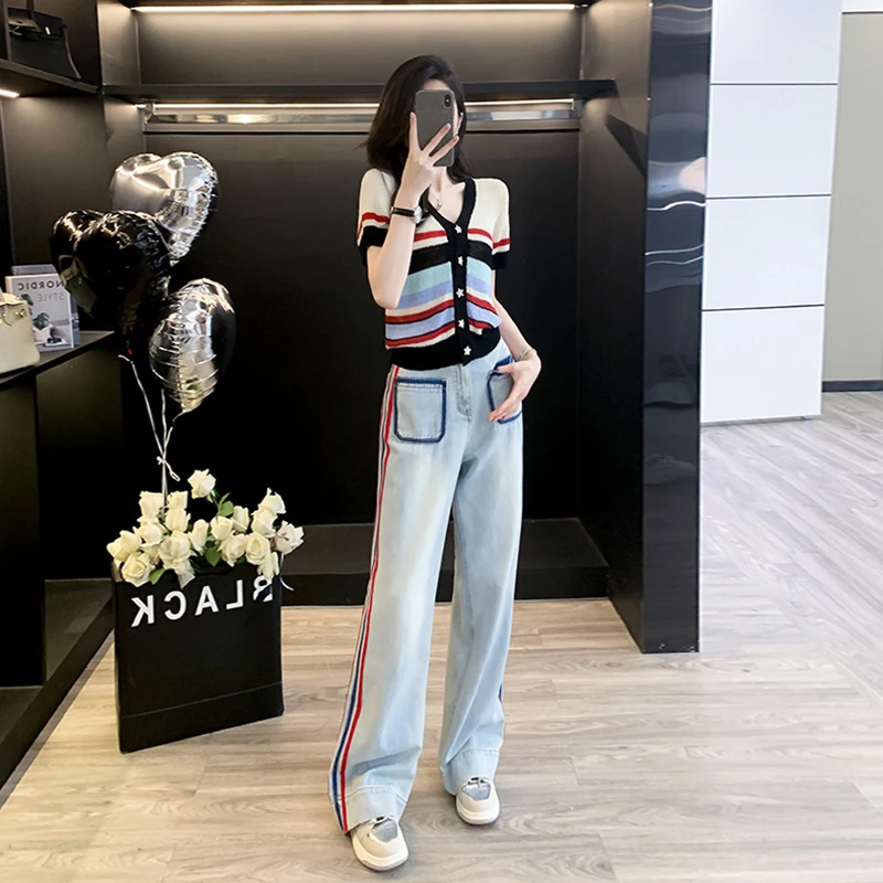 索语时尚套装2025新款爆款女夏装洋气减龄针织衫高腰牛仔裤两件套