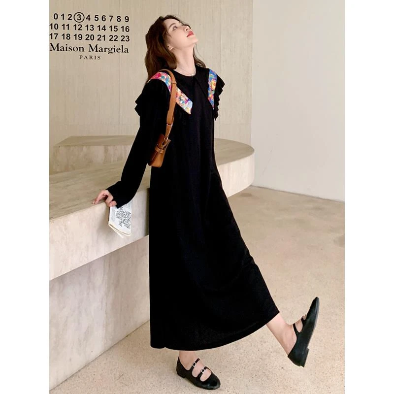 赫本风撞色荷叶边设计感T恤连衣裙女2025早秋法式显瘦卫衣长裙子