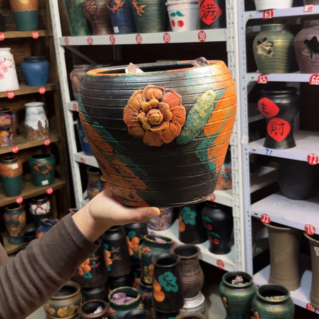 红陶浮雕花盆炸炸炸