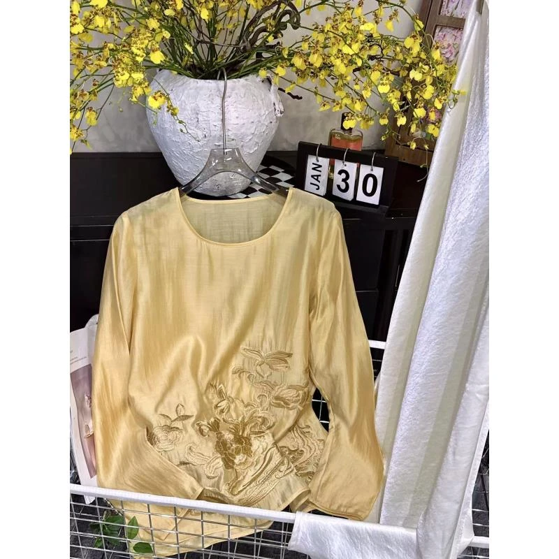 牡丹刺绣新中式国风圆领衫打底衫超薄透气667