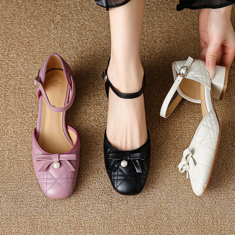 女鞋舒适夏季真皮软底玛丽珍女士粗跟中跟时尚百搭低跟珍珠点缀