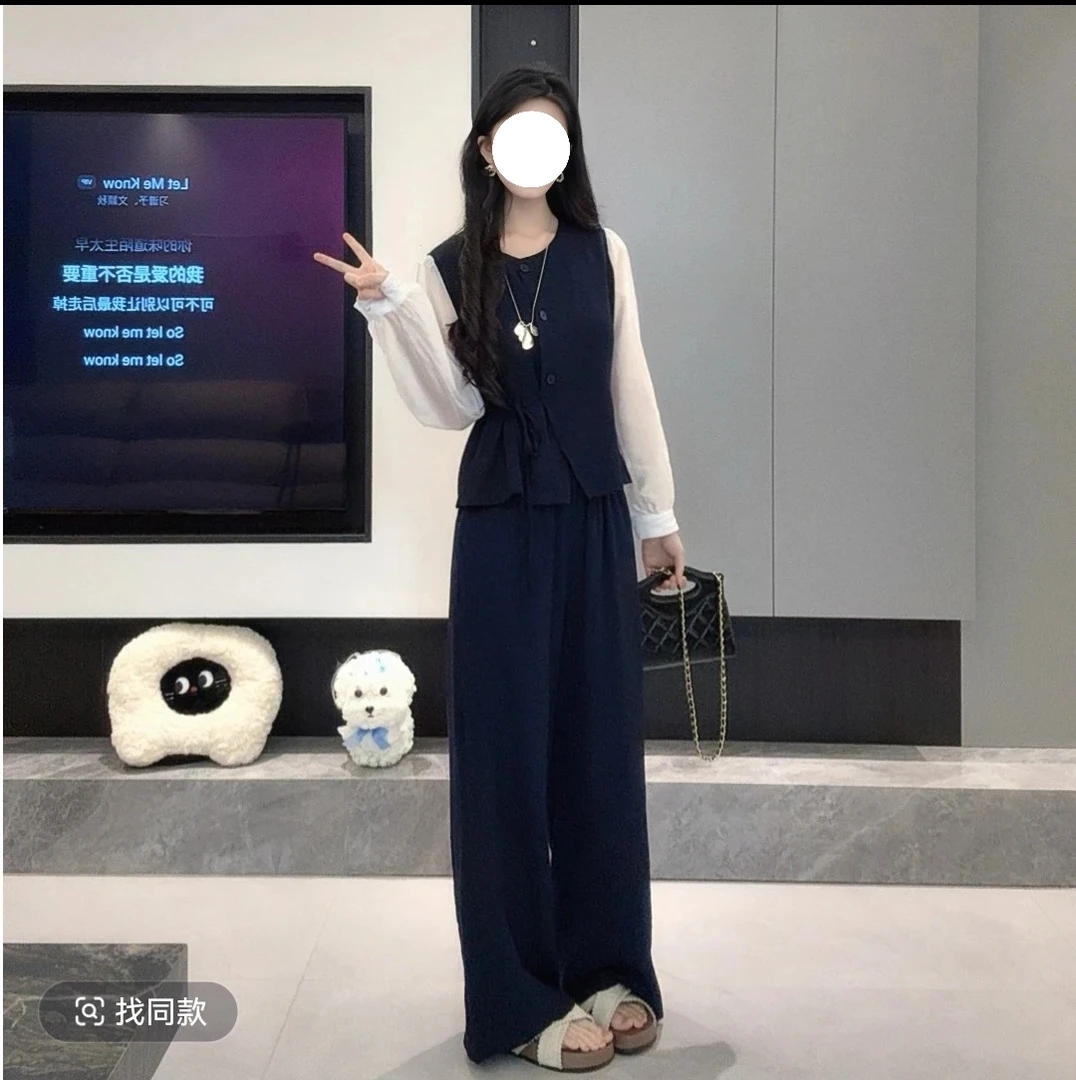 2025秋季新款大码法式时尚减龄宽松拼接小个子胖M上衣+阔腿裤套装