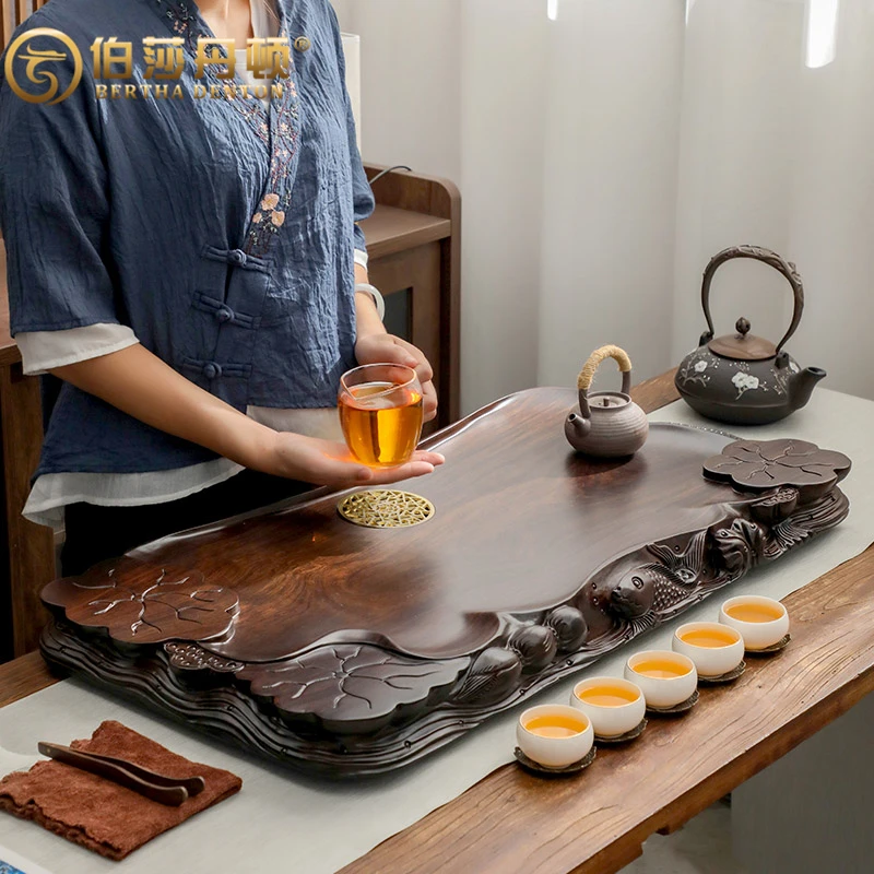 BERTHA DENTON/伯莎丹顿整块实木茶盘黑檀木茶海红木茶台荷花鱼