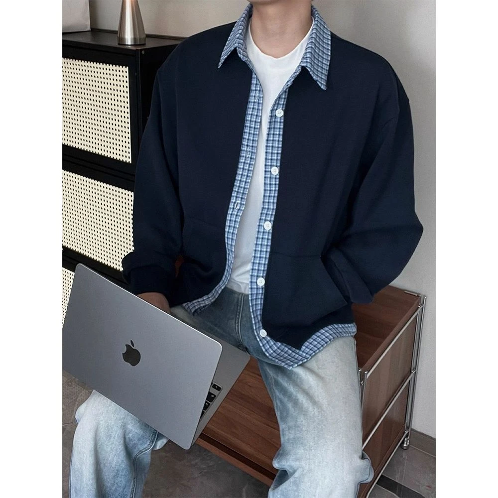 藏青色假两件格子拼接开衫卫衣男款短款外套潮牌高级宽松假两件