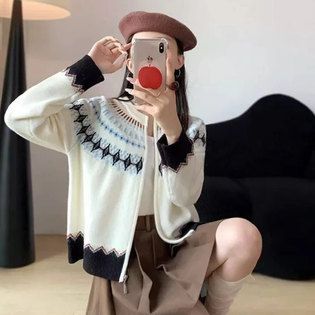 费尔岛穿搭撞色提花毛衣外套女2025年秋季新款叠穿针织拉链开衫6