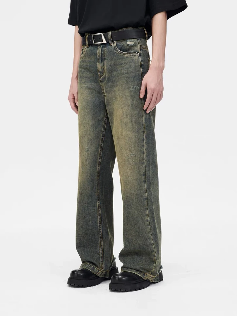 美式复古怀旧黄泥蓝水洗牛仔裤宽松oldschool设计感微喇裤子