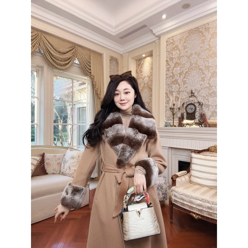 AyanWang“青紫蓝兔绒”进口兔绒羊绒羊毛真丝大衣外套