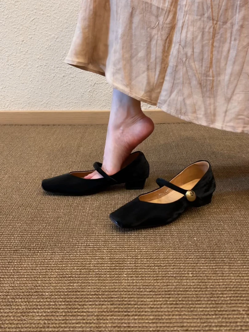 Pokoy-3cm玛丽珍鞋春季低跟方头套筒胶粘一字式扣带单鞋浅口