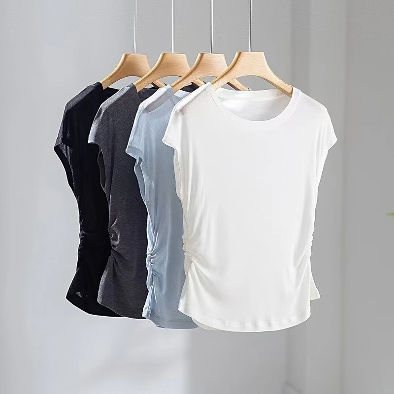 「兰精+桑蚕丝」圆领天丝短袖百搭女上衣夏季打褶显瘦飞飞袖针织衫