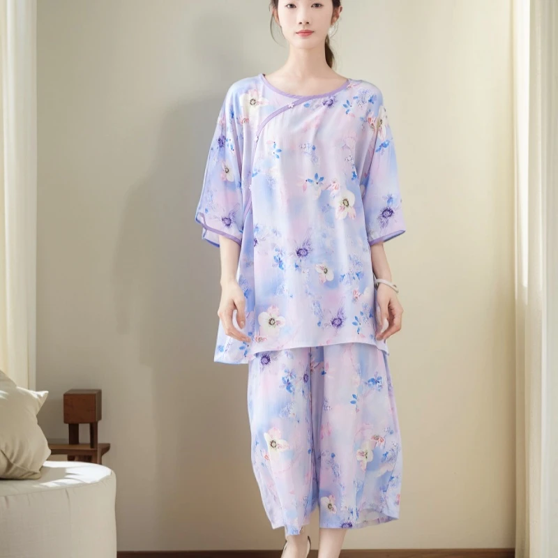 高支短袖七分裤圆领大码女夏季棉绸套装薄款居家家居服妈妈装睡衣