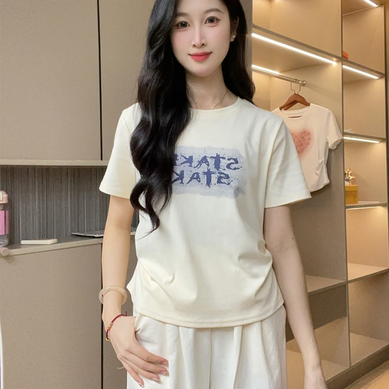 2025字母印花短袖T恤女夏季新款百搭设计感螺纹棉不规则上衣