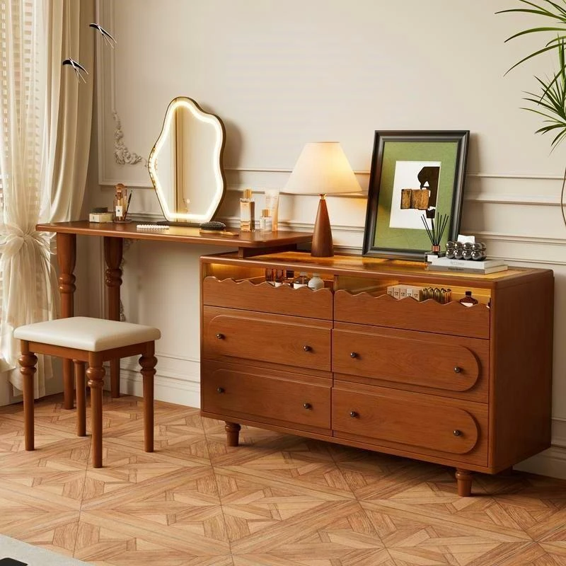 复古风实木梳妆台收纳柜卧室现代简约化妆桌新中式斗柜化妆台一体