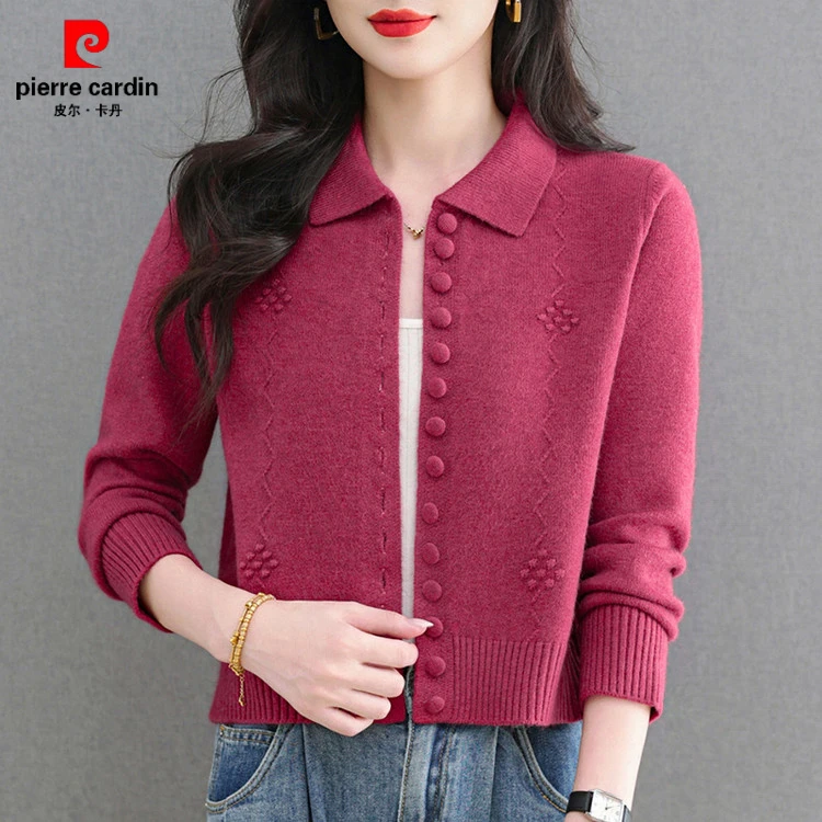 皮尔卡丹2025春秋新款翻领针织羊毛开衫女时尚减龄洋气显瘦百搭毛