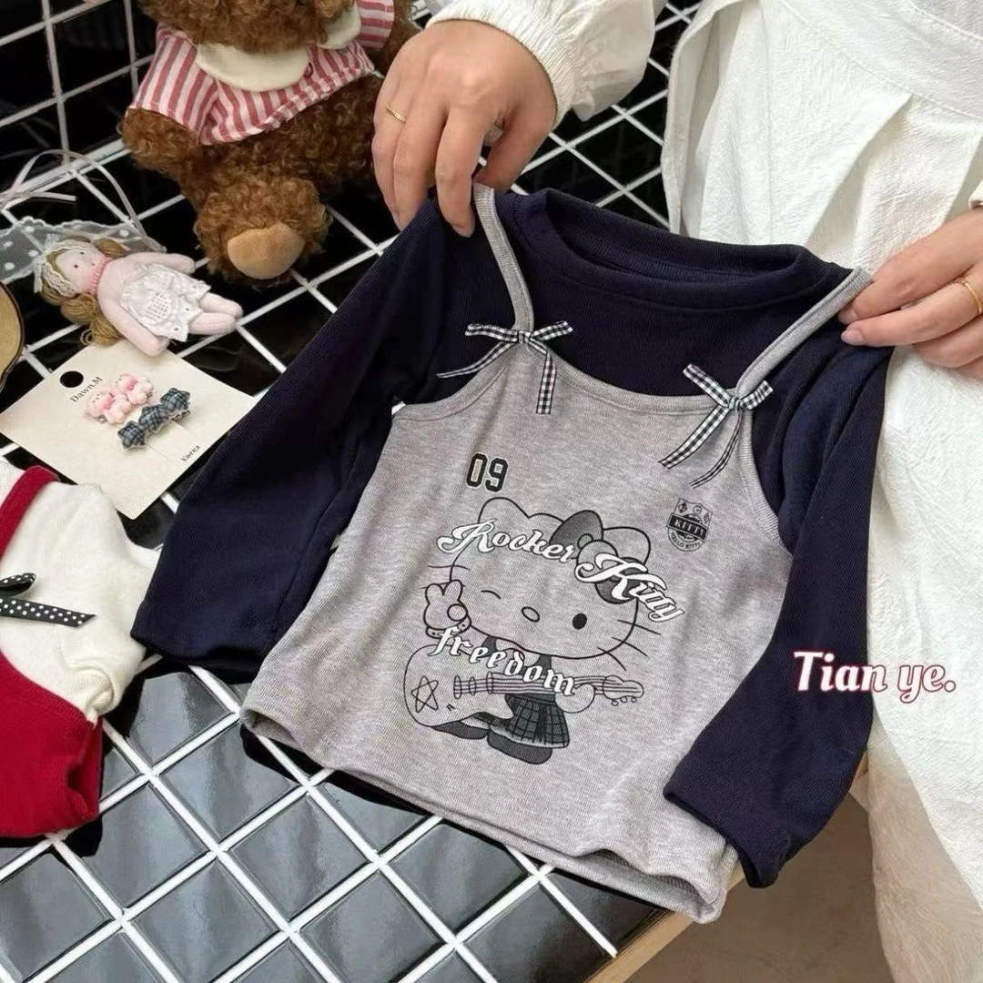 女童秋圆领长袖休闲风T恤女童真两件休闲上衣ins风