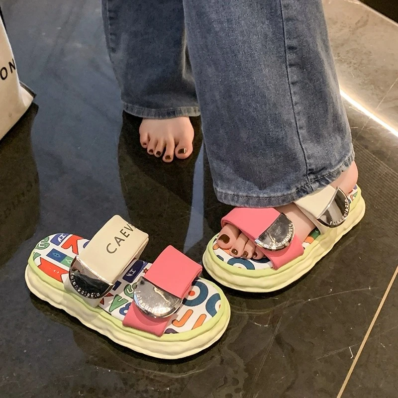 啄木鸟踩屎感厚底凉拖鞋女夏季外穿2025新款网红魔术贴涂鸦凉拖鞋