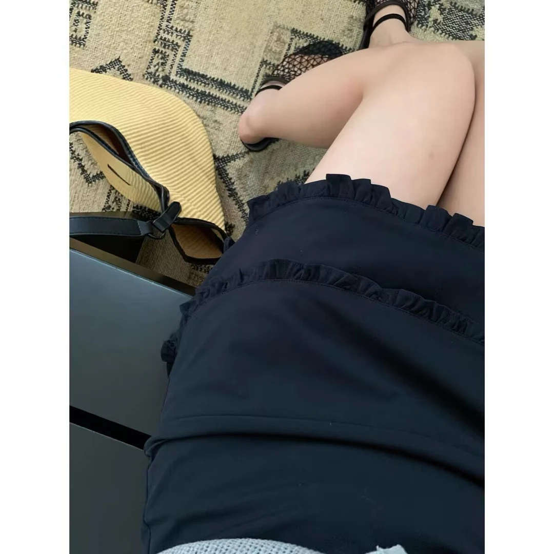 双层木耳边高腰A版短裙内衬里布短裤