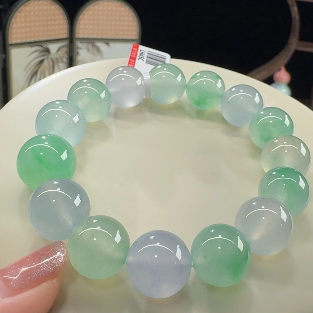 未镶嵌手串翡翠行家货！收藏级！冰波彩钢串卡14.9-12.7