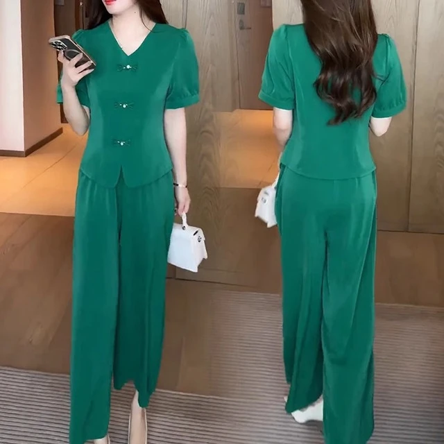 新中式时尚冰丝套装女2025夏季新款洋气显瘦盘扣短袖阔腿裤两件套