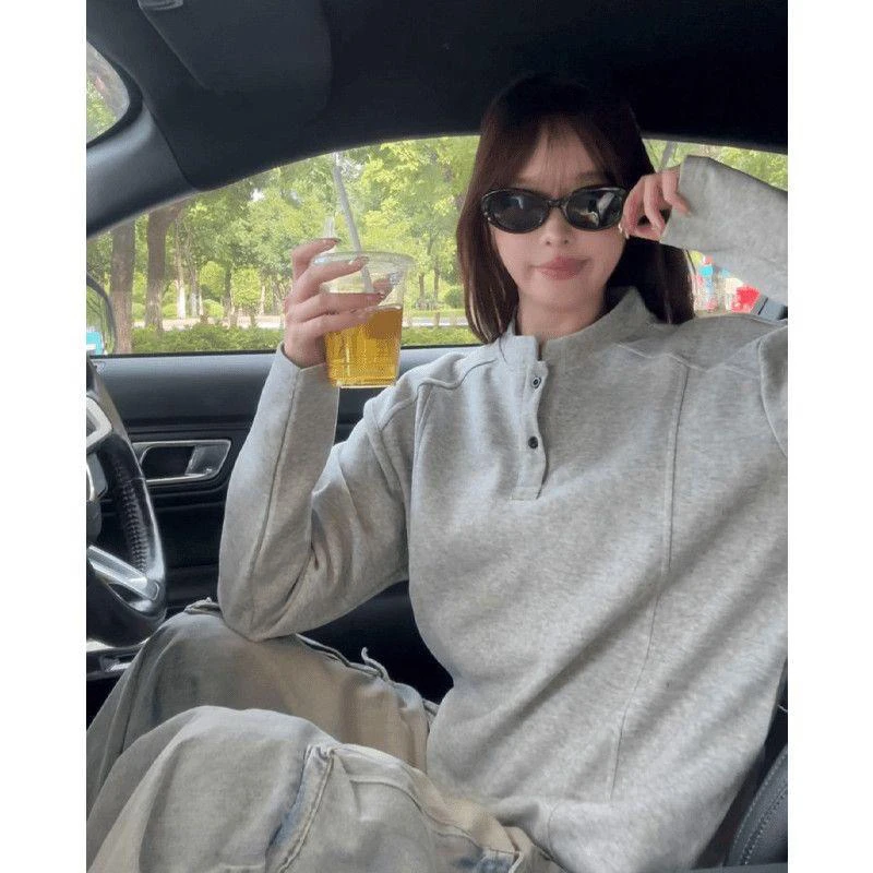 POLO衫亨利领长袖t恤男秋季解构拼接设计感正肩打底衫春秋款卫衣