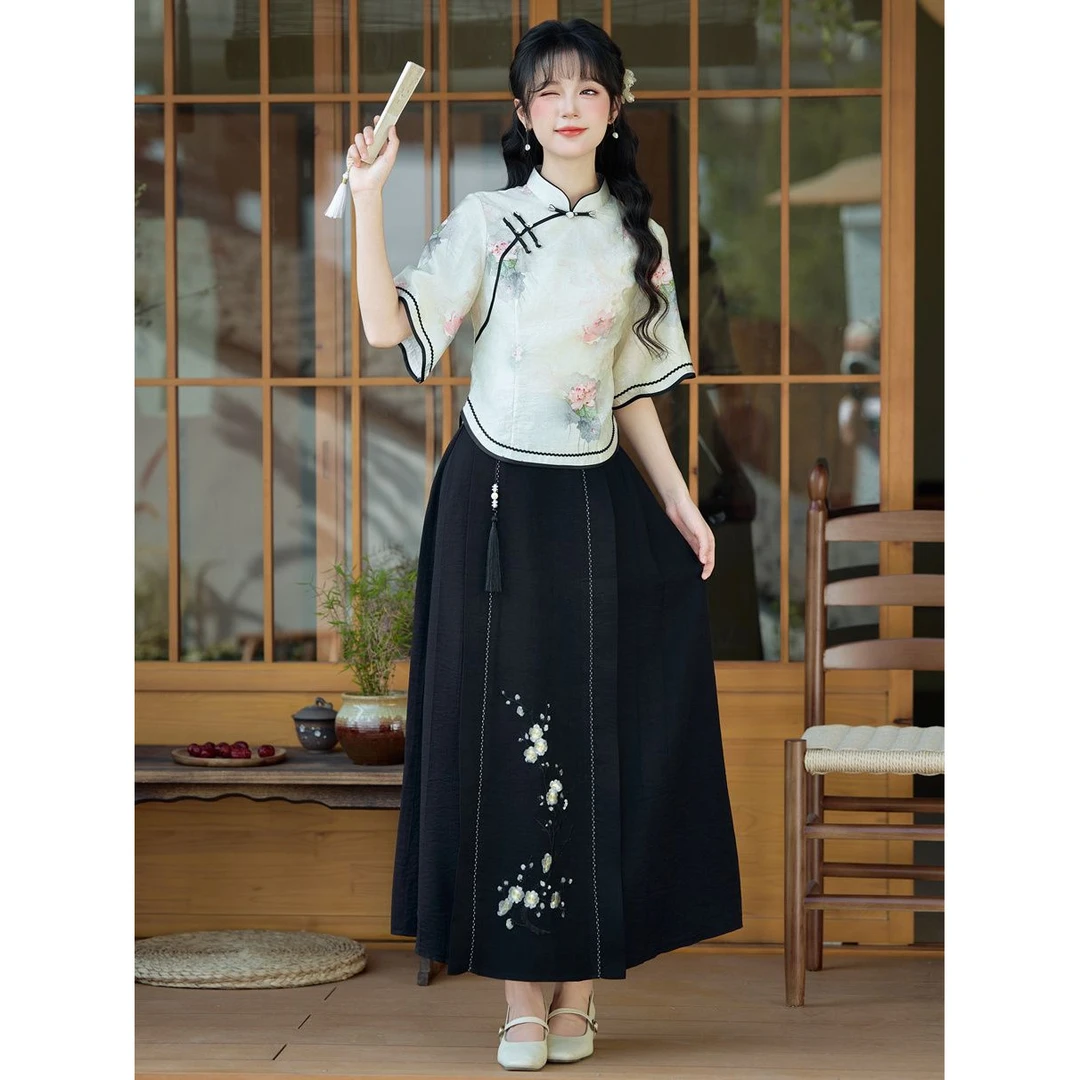 文艺小清新旗袍套装2025夏季新款复古改良中式国风上衣裙子两件套
