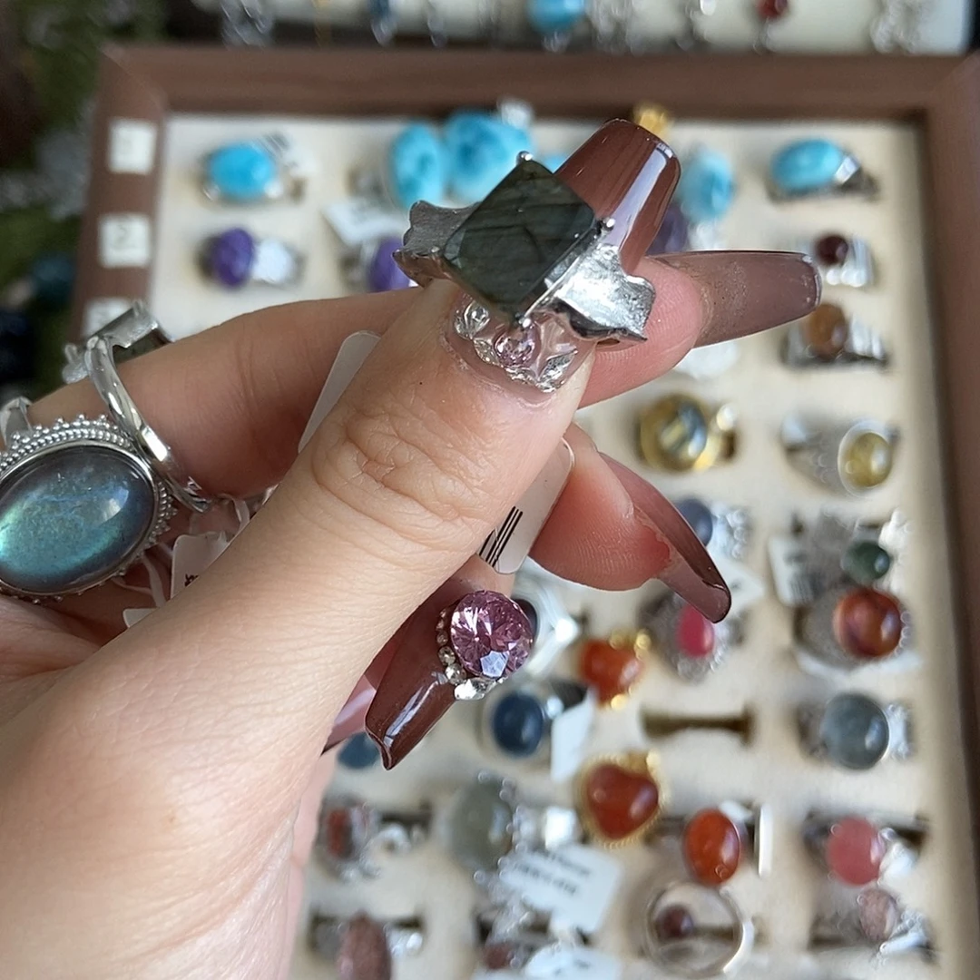 远***5烟晶银S925镶嵌戒指拉长石方