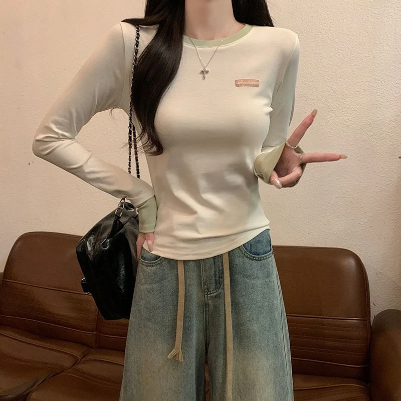 撞色拼接假两件T恤女打底衫美式辣妹设计感长袖上衣2025春季内搭