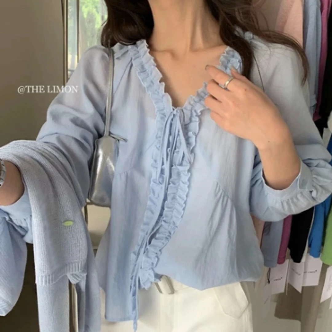 2025夏季新款韩系甜美风花边拼接系带长袖宽松百搭衬衫小衫