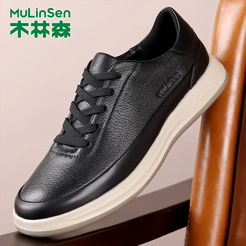 木林森男鞋工作鞋2025新款冬季头层牛皮男士休闲皮鞋英伦软底板鞋