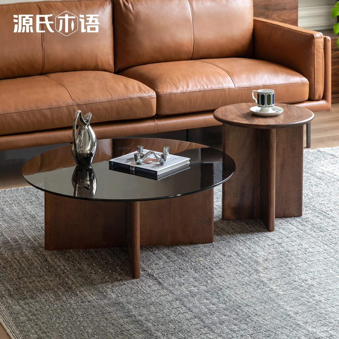 源氏木语实木茶几现代黑胡桃木茶桌客厅圆形茶台K00J11