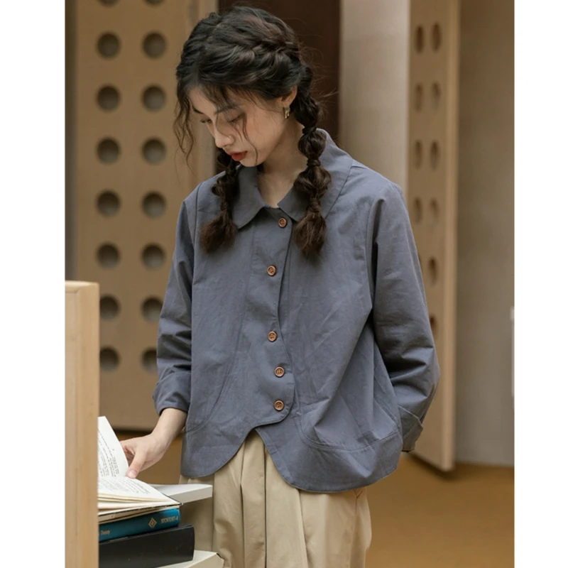 【运补6】宽松显瘦设计感衬衫上衣女2025早秋款Polo领长袖开衫衬衣