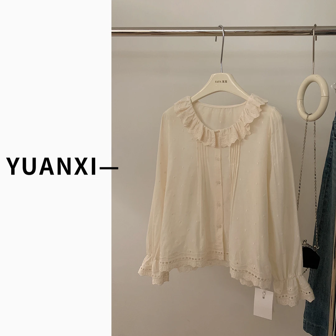 【YUAN.XI】F318 法式韩系设计感娃娃领蕾丝花边衬衫女2025春装新款