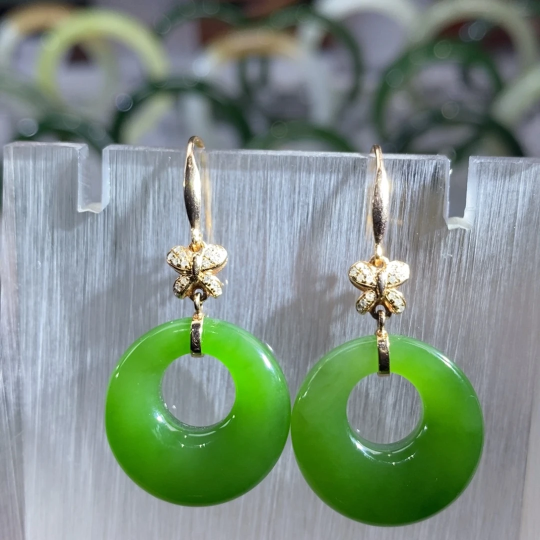 和田玉18K金镶嵌耳饰