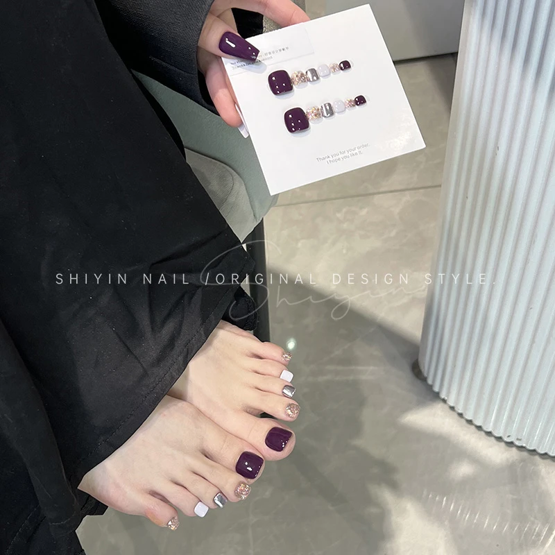B14 脚款穿戴甲酱紫色脚趾甲显白美甲爆闪亮片紫色可拆卸成品甲片