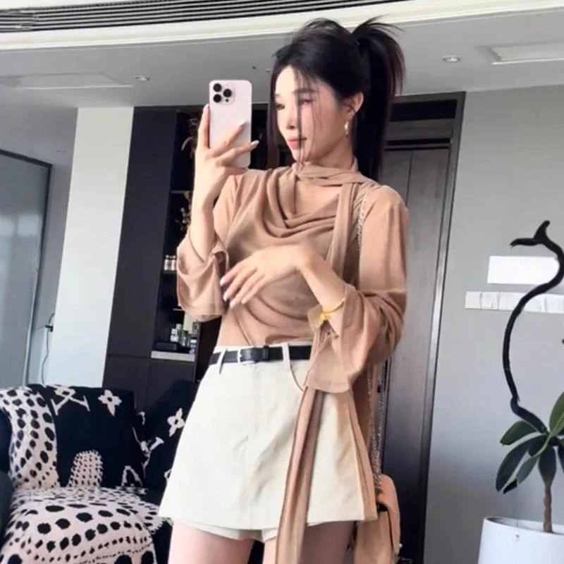 法式覆古气质飘带挂脖荡领长袖衬衫女早秋新款设计感修身显瘦上衣