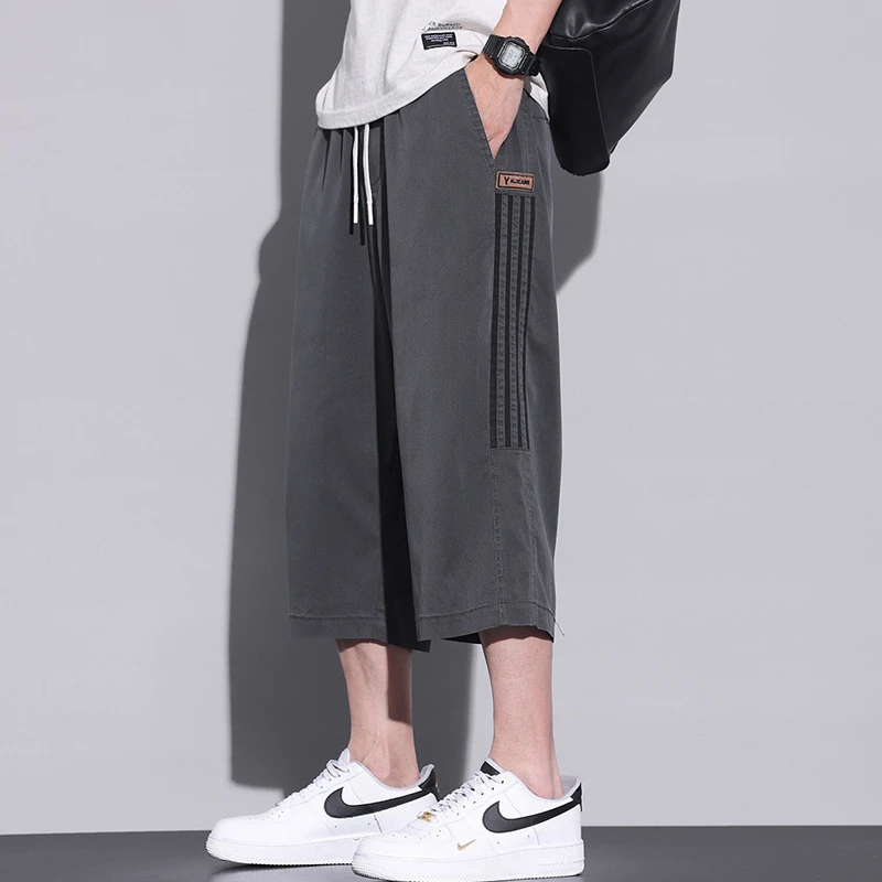 夏季薄款男短裤潮款休闲7分裤 2024新款冰丝宽松直筒条纹中裤男生