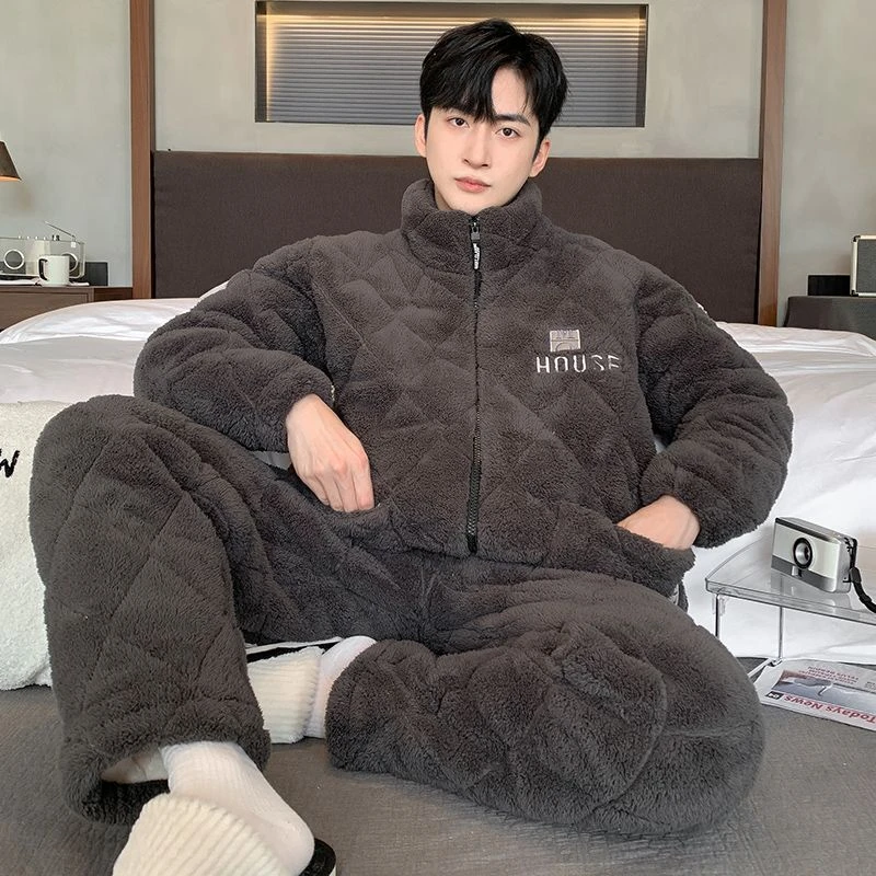 男士加厚珊瑚绒秋冬季三层夹棉家居服男装加绒加厚款保暖套装冬款