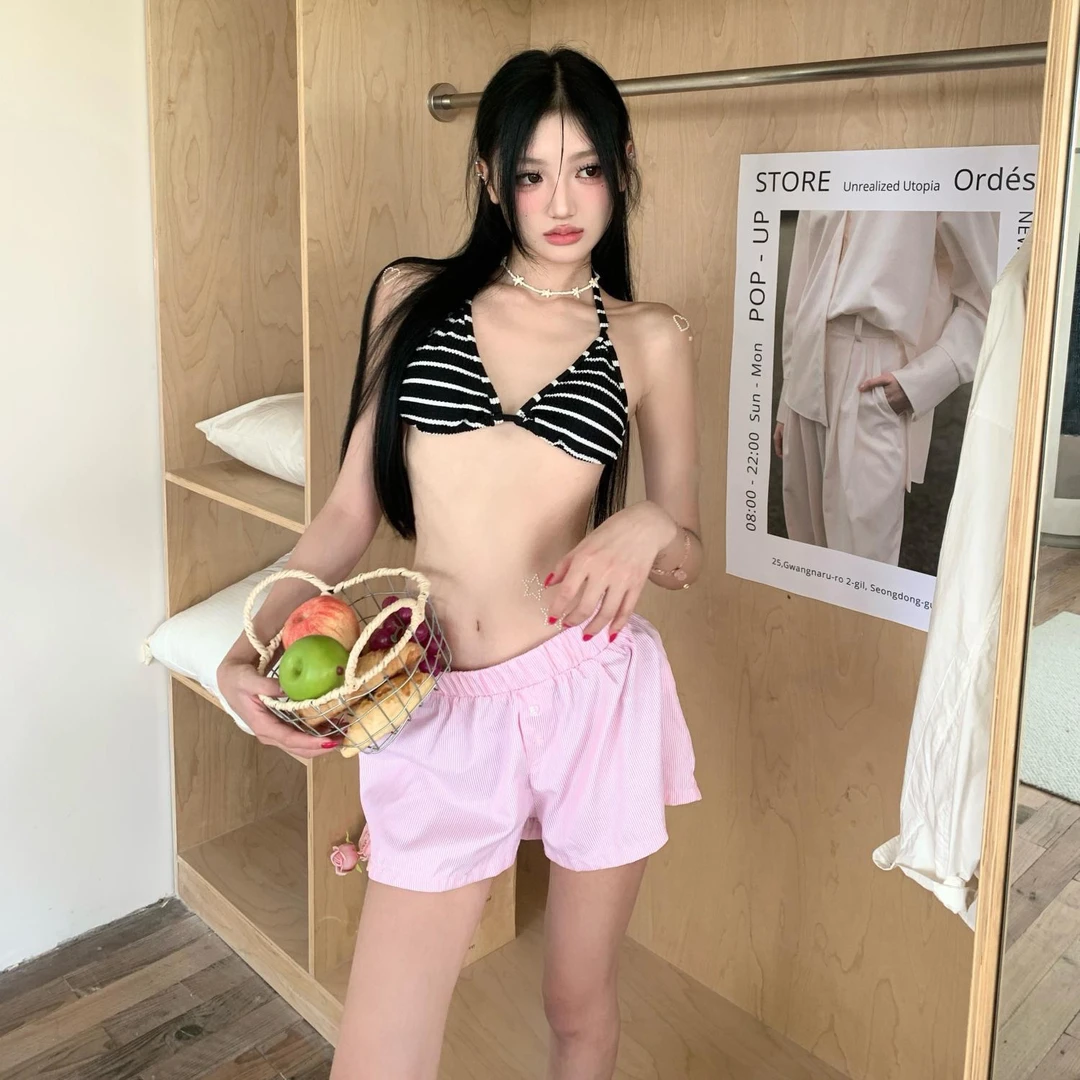 韩国设计师简约条纹三角比基尼小胸宽松短裤沙滩度假韩范