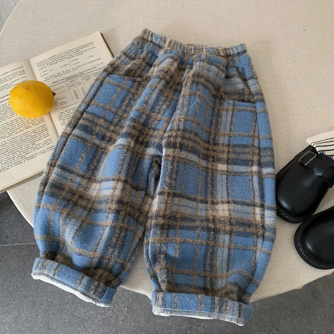 【薄荷方糖】冬季蓝格子加绒裤男女童经典款呢料加绒加厚保暖长裤