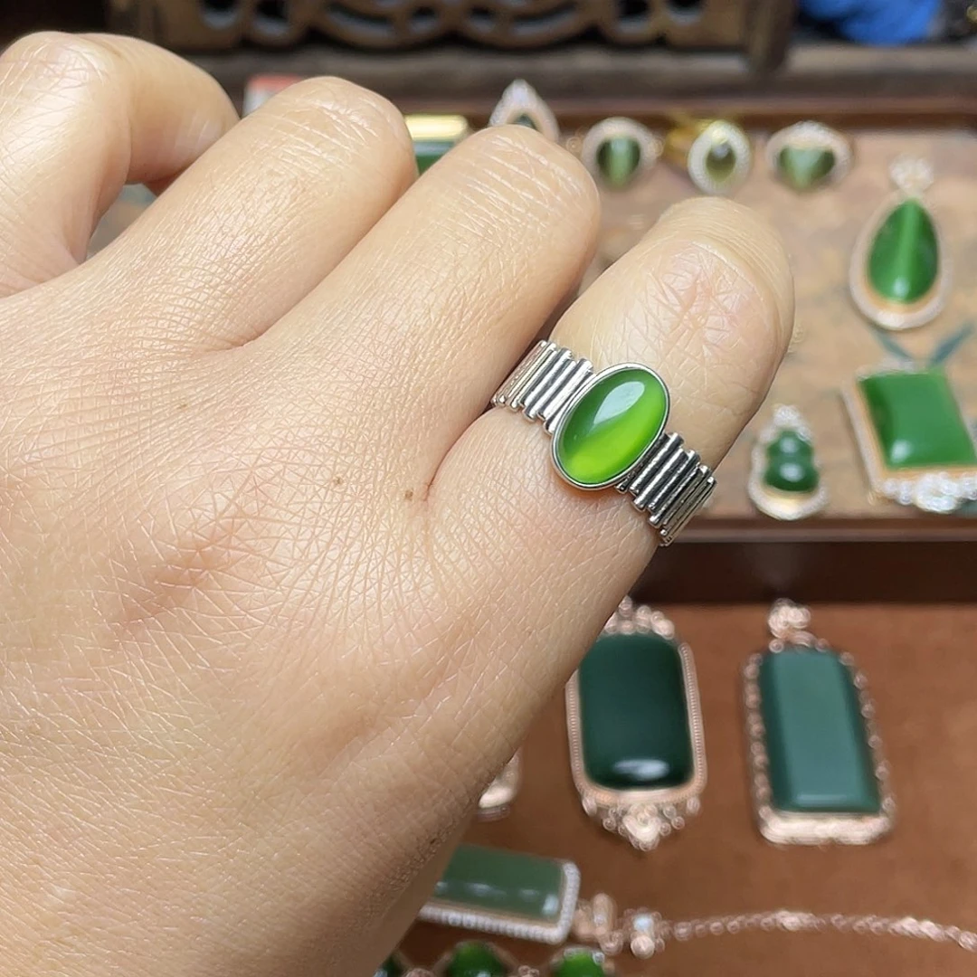 和田玉（碧玉）银S925镶嵌吊坠(不含链)戒指