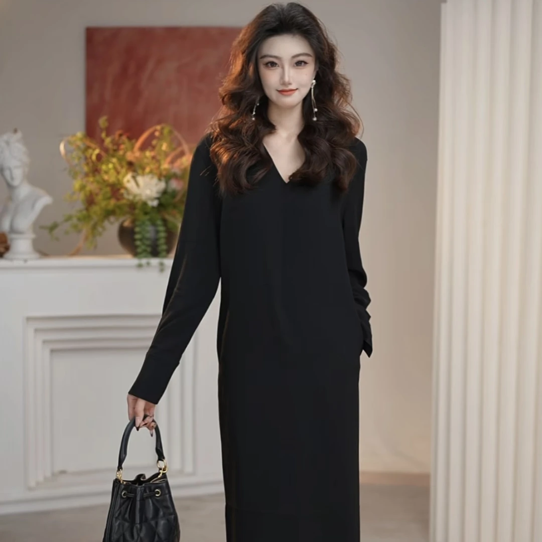 AMASS阿玛施V领长袖垂坠感衬衫式极简百搭舒适法式连衣裙550036