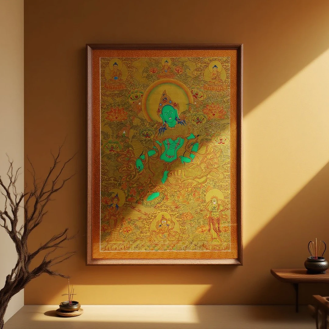 尼泊尔纯手绘唐卡绿度母 挂画适合茶室玄关（含边框长75cm-宽60cm）