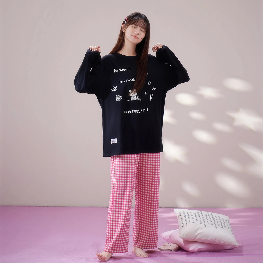 思莉太太【树莓可可】睡衣女款春秋季2025新款粉色格子高颜值家居服